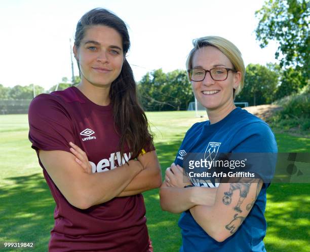 West ham United Ladies Unveil New signing Tessel Middag seen here with Karen Ray at Rush Green on July 2, 2018 in Romford, England.