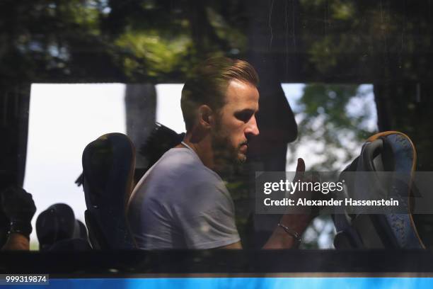 Harry Kane of England gives a thumb as England Team depart from the team Hotel ForestMix Repino during the 2018 FIFA World Cup Russia on July 15,...