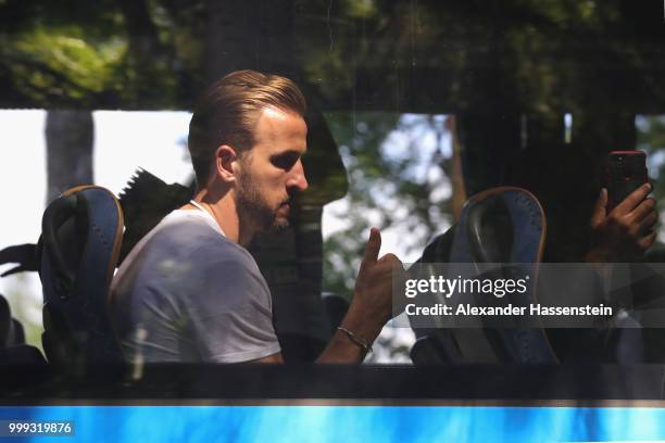 Harry Kane of England gives a thumb as England Team depart from the team Hotel ForestMix Repino during the 2018 FIFA World Cup Russia on July 15,...