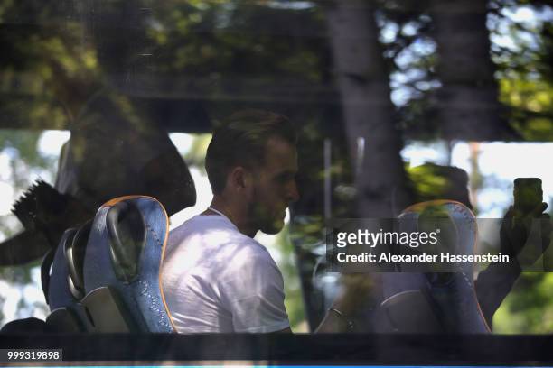 Harry Kane of England gives a thumb as England Team depart from the team Hotel ForestMix Repino during the 2018 FIFA World Cup Russia on July 15,...