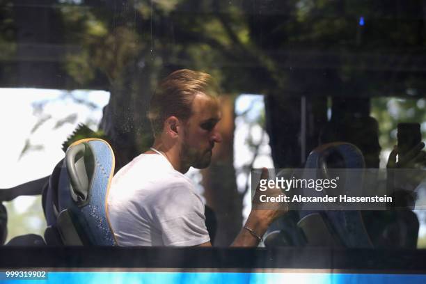 Harry Kane of England gives a thumb as England Team depart from the team Hotel ForestMix Repino during the 2018 FIFA World Cup Russia on July 15,...