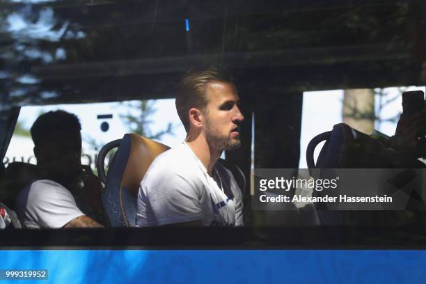 Harry Kane of England looks on as team England depart from the team Hotel ForestMix Repino during the 2018 FIFA World Cup Russia on July 15, 2018 in...