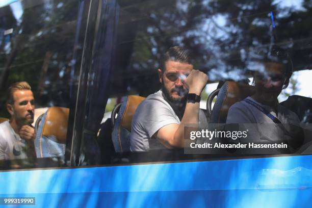 Harry Kane f England looks on as team England depart from the team Hotel ForestMix Repino during the 2018 FIFA World Cup Russia on July 15, 2018 in...