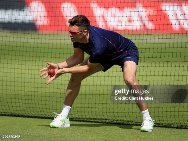 James Anderson of Lancashire warms up during the Lancashire Second XI v Nottinghamshire Second XI match at Emirates Old Trafford on July 15, 2018 in...
