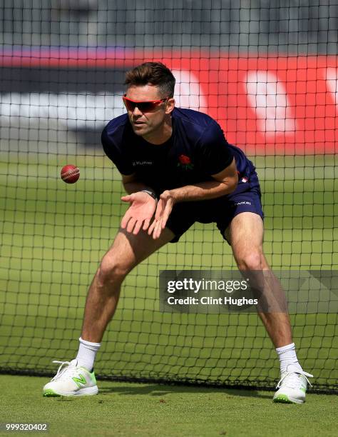 James Anderson of Lancashire warms up during the Lancashire Second XI v Nottinghamshire Second XI match at Emirates Old Trafford on July 15, 2018 in...