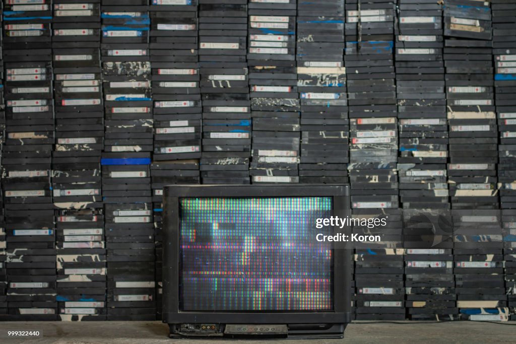 Old TV and a pile of tapes