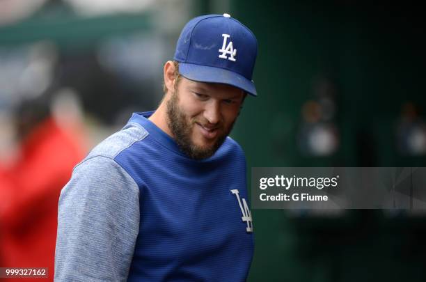 Clayton Kershaw of the Los Angeles Dodgers watches the game against the Washington Nationals at Nationals Park on May 19, 2018 in Washington, DC.