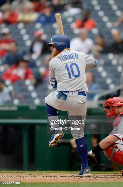 Justin Turner of the Los Angeles Dodgers bats against the Washington Nationals at Nationals Park on May 19, 2018 in Washington, DC.