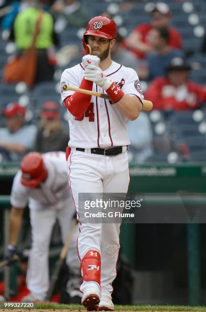 Bryce Harper of the Washington Nationals gets ready to bat against the Los Angeles Dodgers at Nationals Park on May 19, 2018 in Washington, DC.