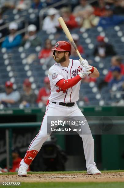 Bryce Harper of the Washington Nationals bats against the Los Angeles Dodgers at Nationals Park on May 19, 2018 in Washington, DC.