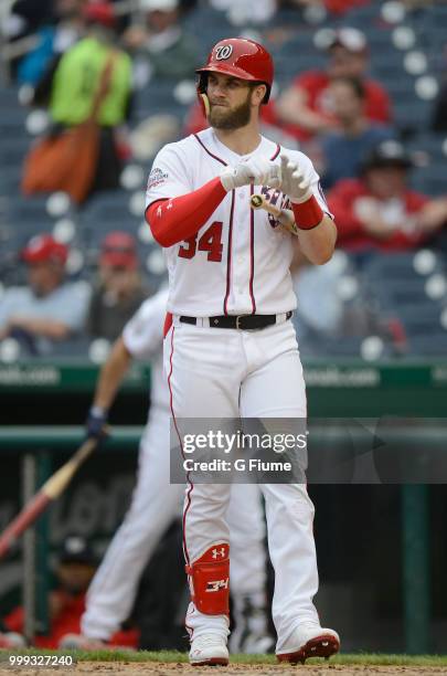 Bryce Harper of the Washington Nationals gets ready to bat against the Los Angeles Dodgers at Nationals Park on May 19, 2018 in Washington, DC.