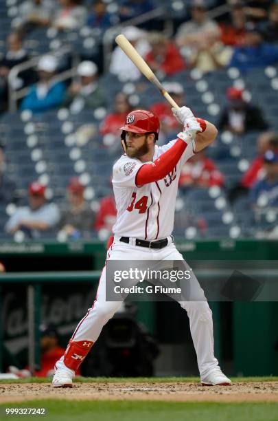 Bryce Harper of the Washington Nationals bats against the Los Angeles Dodgers at Nationals Park on May 19, 2018 in Washington, DC.