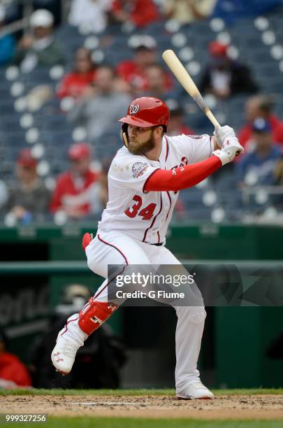 Bryce Harper of the Washington Nationals bats against the Los Angeles Dodgers at Nationals Park on May 19, 2018 in Washington, DC.