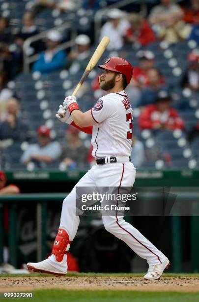 Bryce Harper of the Washington Nationals bats against the Los Angeles Dodgers at Nationals Park on May 19, 2018 in Washington, DC.