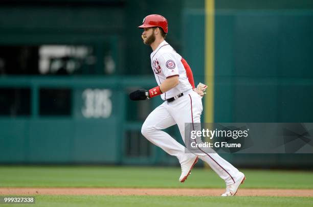 Bryce Harper of the Washington Nationals runs the bases against the Los Angeles Dodgers at Nationals Park on May 19, 2018 in Washington, DC.