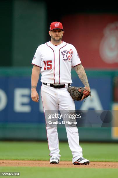 Matt Adams of the Washington Nationals plays first base against the Los Angeles Dodgers at Nationals Park on May 19, 2018 in Washington, DC.