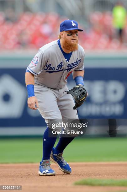 Justin Turner of the Los Angeles Dodgers plays third base against the Washington Nationals at Nationals Park on May 19, 2018 in Washington, DC.