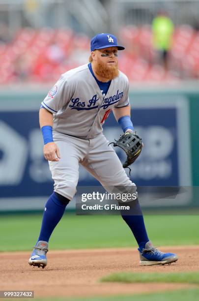 Justin Turner of the Los Angeles Dodgers plays third base against the Washington Nationals at Nationals Park on May 19, 2018 in Washington, DC.