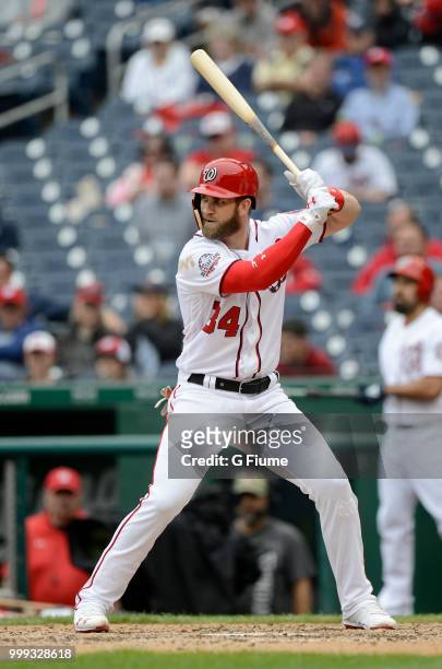 Bryce Harper of the Washington Nationals bats against the Los Angeles Dodgers at Nationals Park on May 19, 2018 in Washington, DC.