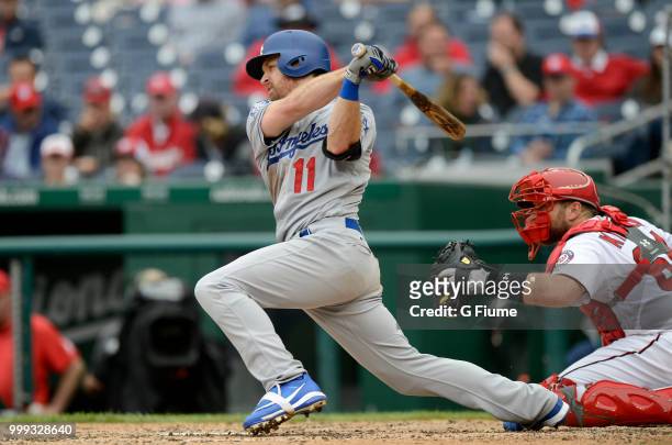 Logan Forsythe of the Los Angeles Dodgers bats against the Washington Nationals at Nationals Park on May 19, 2018 in Washington, DC.