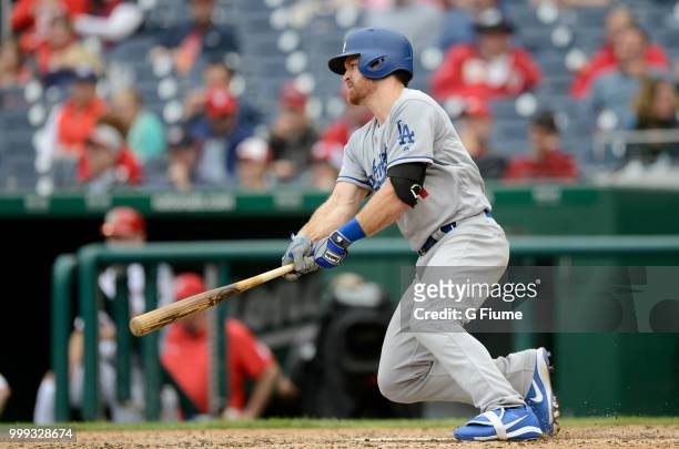 Logan Forsythe of the Los Angeles Dodgers bats against the Washington Nationals at Nationals Park on May 19, 2018 in Washington, DC.