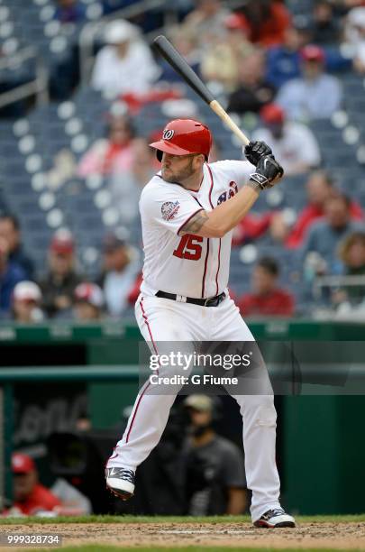 Matt Adams of the Washington Nationals bats against the Los Angeles Dodgers at Nationals Park on May 19, 2018 in Washington, DC.