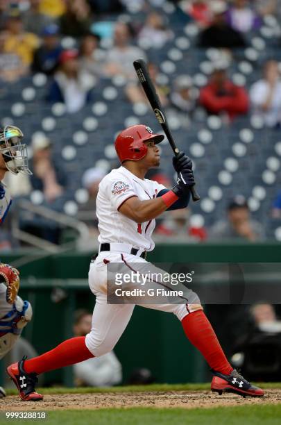 Wilmer Difo of the Washington Nationals bats against the Los Angeles Dodgers at Nationals Park on May 19, 2018 in Washington, DC.