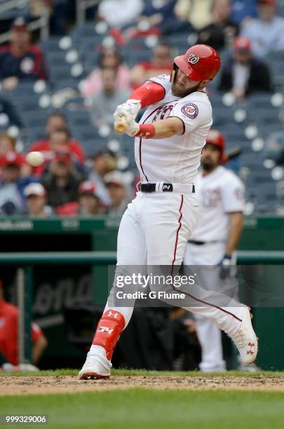 Bryce Harper of the Washington Nationals bats against the Los Angeles Dodgers at Nationals Park on May 19, 2018 in Washington, DC.