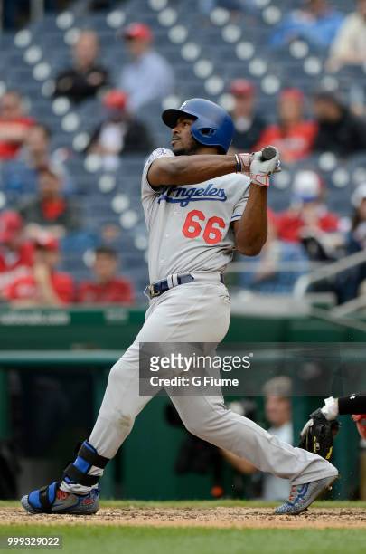 Yasiel Puig of the Los Angeles Dodgers bats against the Washington Nationals at Nationals Park on May 19, 2018 in Washington, DC.