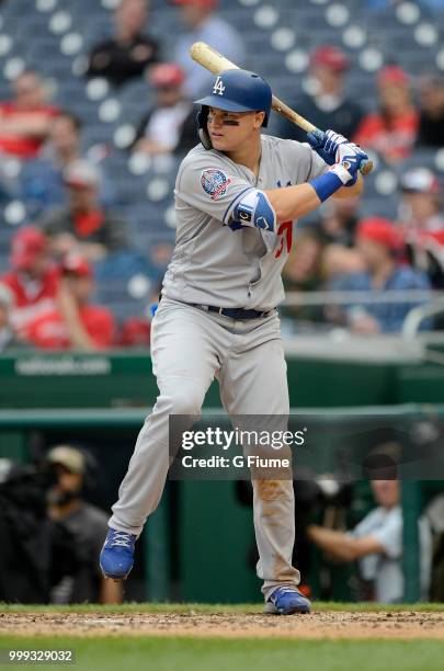 Joc Pederson of the Los Angeles Dodgers bats against the Washington Nationals at Nationals Park on May 19, 2018 in Washington, DC.