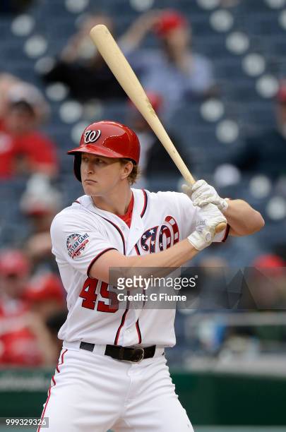 Andrew Stevenson of the Washington Nationals bats against the Los Angeles Dodgers at Nationals Park on May 19, 2018 in Washington, DC.