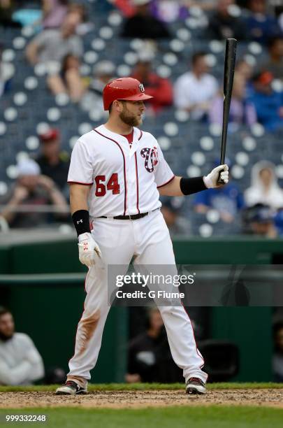 Spencer Kieboom of the Washington Nationals bats against the Los Angeles Dodgers at Nationals Park on May 19, 2018 in Washington, DC.