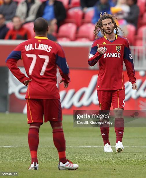 Andy Williams and Kyle Beckerman of Real Salt Lake talk against the Houston Dynamo during the first half of the MLS soccer game on May 13, 2010 in...