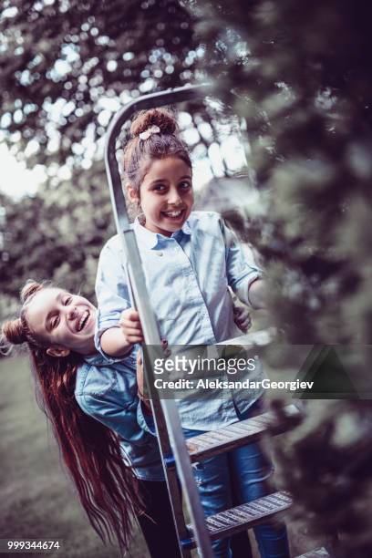 cute niñas divertirse con escalera en el patio trasero de la casa - aleksandar georgiev fotografías e imágenes de stock