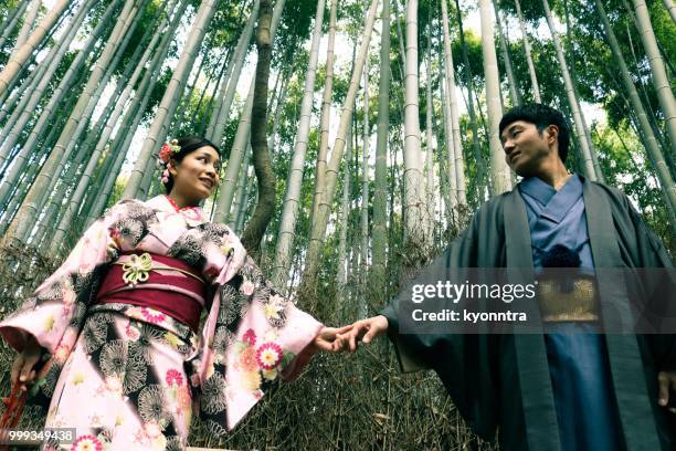 kimono and bamboo - kyonntra stock pictures, royalty-free photos & images