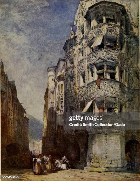 Color print depicting a city street in Innsbruck, Austria, with a heavily carved baroque, stone facade on the turreted building in the foreground,...