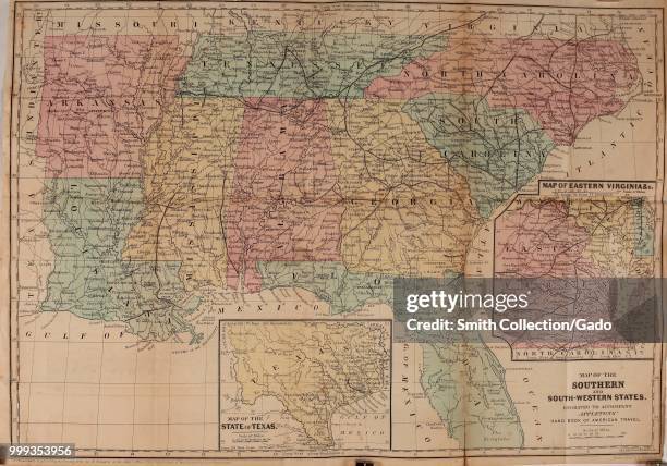 Color, political and physical map of the Southern and South-Western States, with insets illustrating Texas and the Eastern Virginias, 1857. Courtesy...
