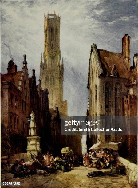 Color print depicting a city street, perhaps a bridge, with people and a small kiosk in the foreground and the Belfry of Bruges, a medieval bell...