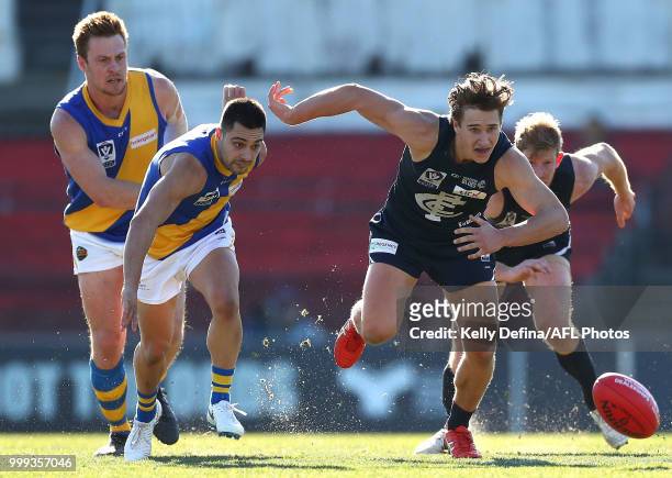 Samuel Fisher of the Blues competes for the ball during the round 15 VFL match between the Northern Blues and Williamstown Seagulls at Ikon Park on...