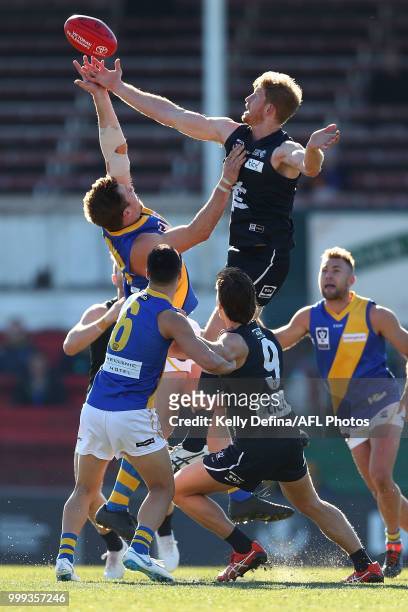 Matthew Lobbe of the Blues marks the ball during the round 15 VFL match between the Northern Blues and Williamstown Seagulls at Ikon Park on July 15,...