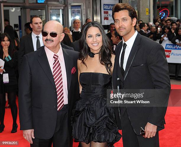 Rakesh Roshan, Barbara Mori and Hrithik Roshan attend the European Premiere of 'Kites' at Odeon West End on May 18, 2010 in London, England.