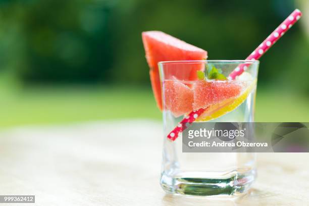 cold summer lemonade with slices of watermelon, lemon and garnished with fresh mint - lemon mint stock pictures, royalty-free photos & images