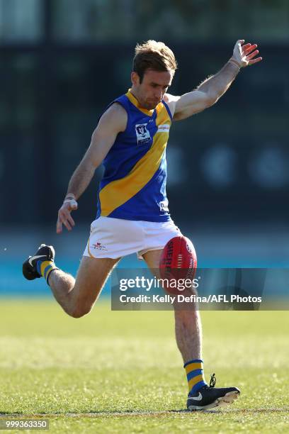 Samuel Dunell of the Seagulls kicks the ball during the round 15 VFL match between the Northern Blues and Williamstown Seagulls at Ikon Park on July...