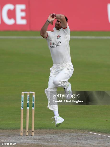 James Anderson of Lancashire Bowls during the Lancashire Second XI v Nottinghamshire Second XI match at Emirates Old Trafford on July 15, 2018 in...