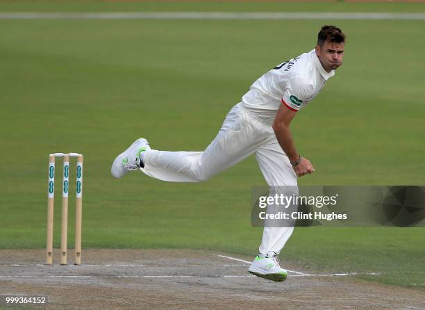 James Anderson of Lancashire Bowls during the Lancashire Second XI v Nottinghamshire Second XI match at Emirates Old Trafford on July 15, 2018 in...