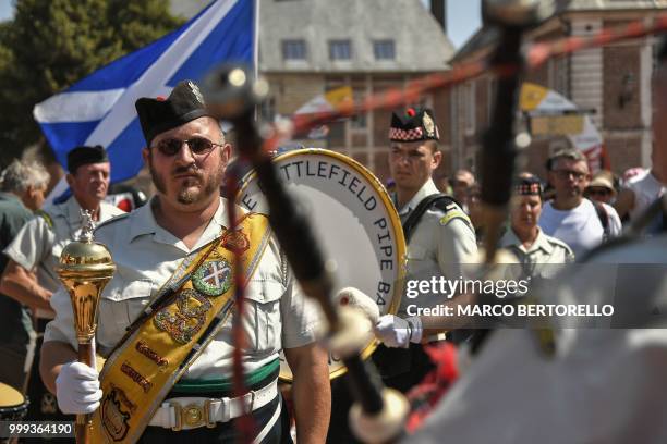 Members of the Somme Battlefield Pipe Band, a French-based association that promotes the music and history of the Scottish soldiers and their...