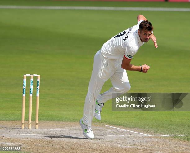 James Anderson of Lancashire Bowls during the Lancashire Second XI v Nottinghamshire Second XI match at Emirates Old Trafford on July 15, 2018 in...