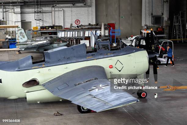 Fairey Gannet , Farman 3 and Messerschmidt Me 163 "Komet" are being restored in the restoration hangar of the Berlin-Gatow airfield branch of the...