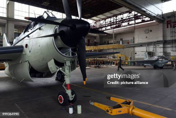 Fairey Gannet , a Farman 3 and Messerschmidt Me 163 "Komet" are being restored in the restoration hangar of the Berlin-Gatow airfield branch of the...