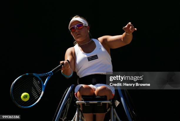 July 15: Lucy Shuker of Great Britain plays a shot during the womens doubles wheelchair final against Diede De Groot of The Netherlands and Yui...